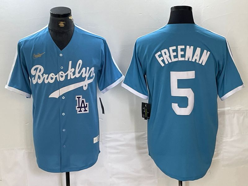 Men Los Angeles Dodgers #5 Freeman Light blue Throwback 2024 Nike MLB Jersey style 2->->MLB Jersey